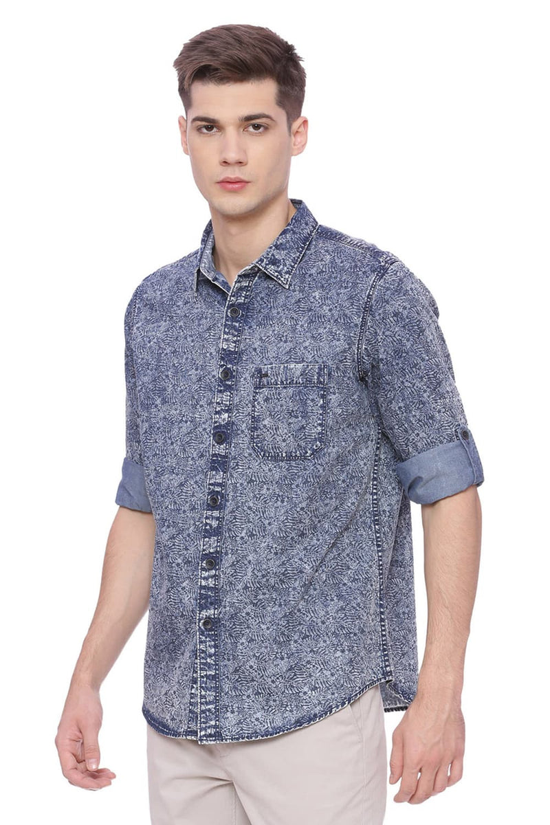 BASICS SLIM FIT PRINTED INDIGO SHIRT