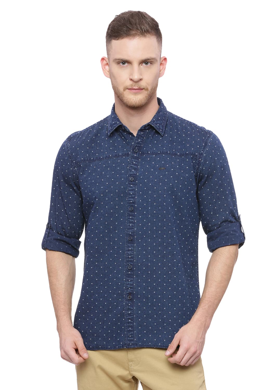 BASICS SLIM FIT PRINTED INDIGO SHIRT