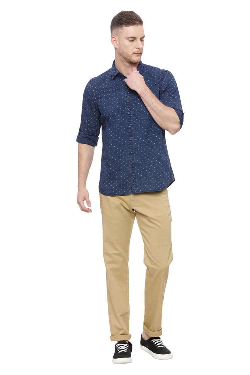 BASICS SLIM FIT PRINTED INDIGO SHIRT