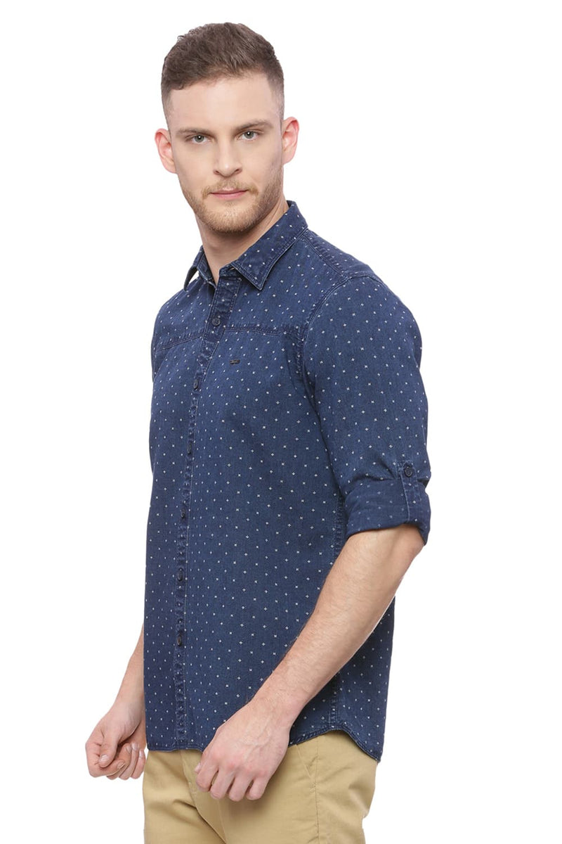 BASICS SLIM FIT PRINTED INDIGO SHIRT