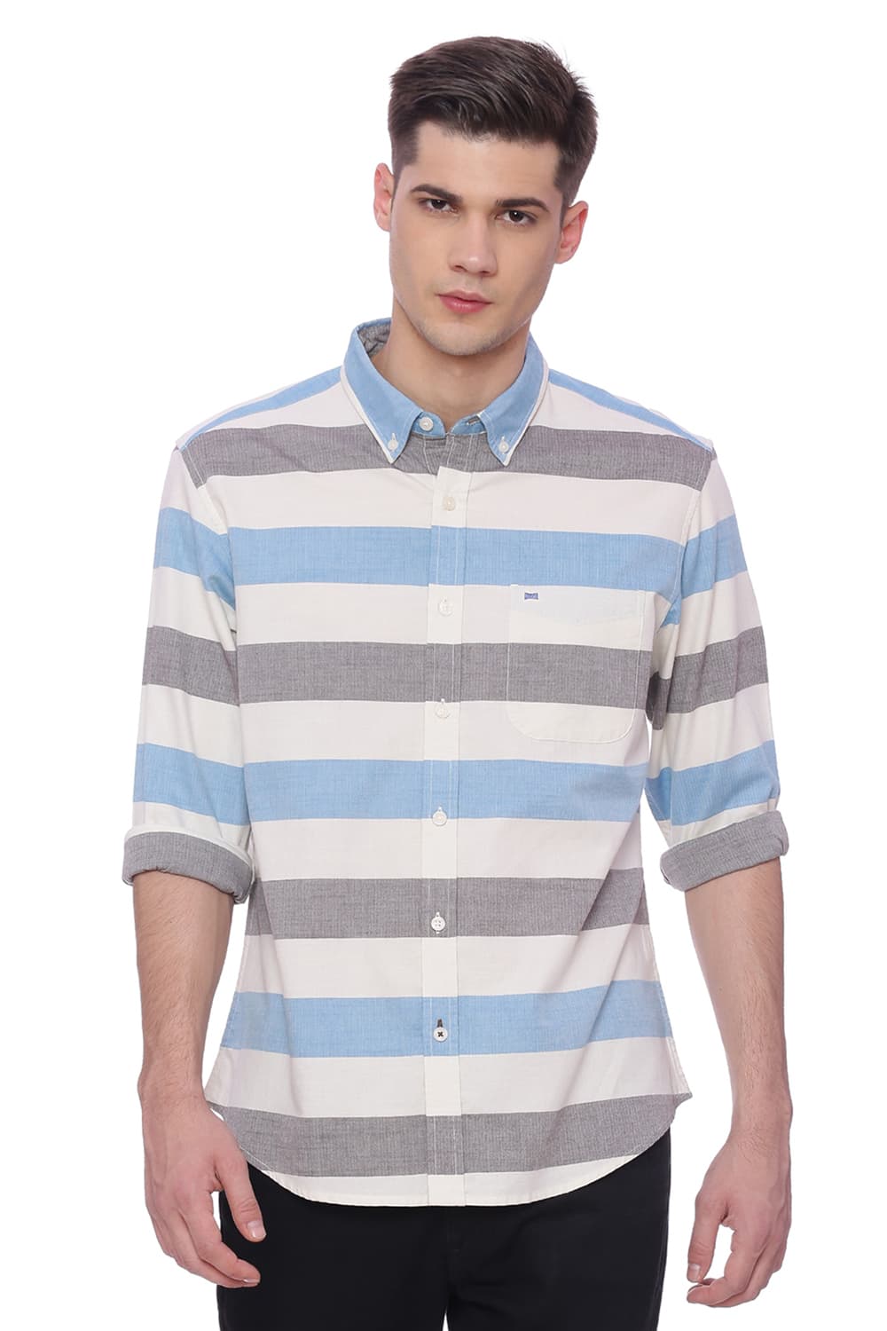 BASICS SLIM FIT WEFT STRIPES SHIRT