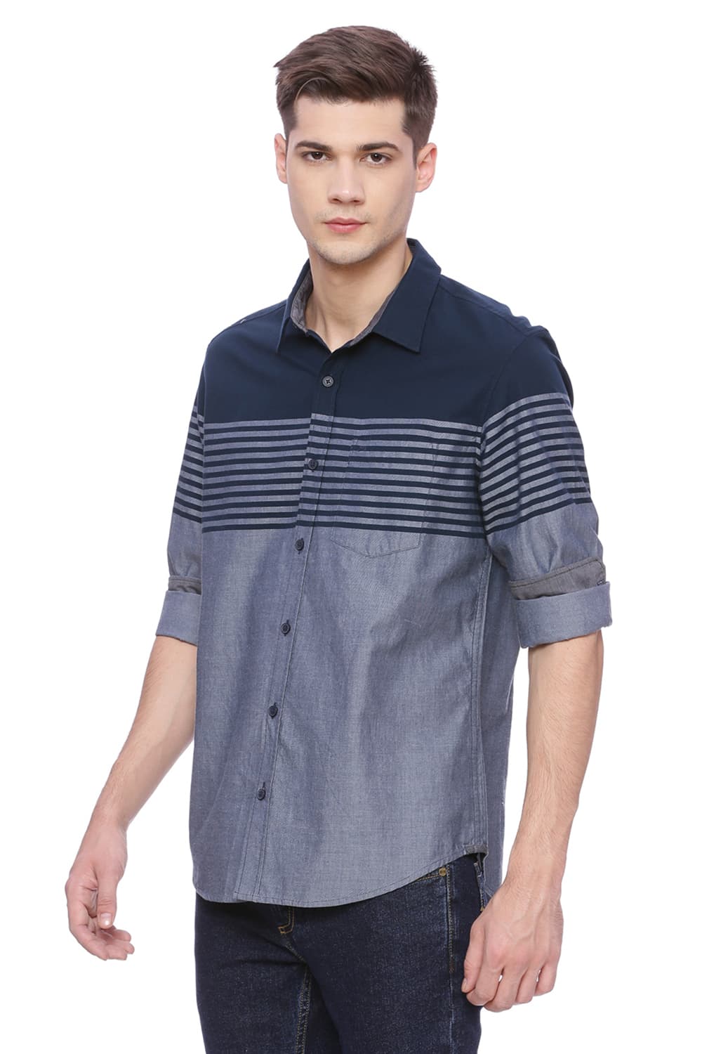 BASICS SLIM FIT ENGINEERED STRIPE SHIRT