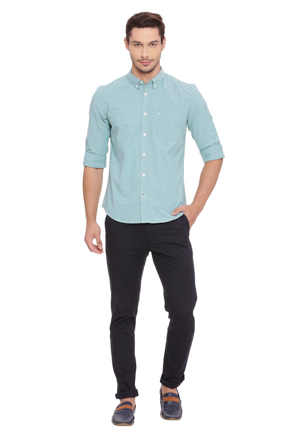 BASICS SLIM FIT CHAMBRAY SHIRT