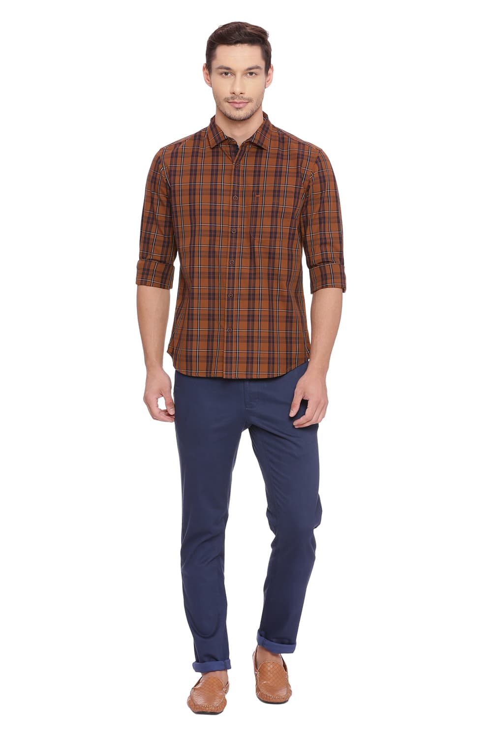 BASICS SLIM FIT TWILL CHECKS SHIRT