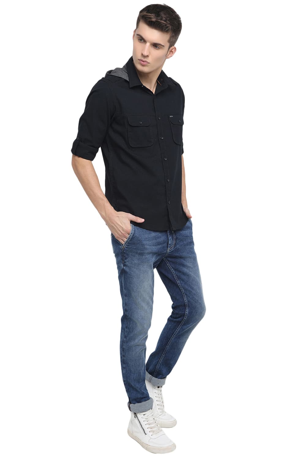 BASICS SLIM FIT HOODED TWILL SHIRT