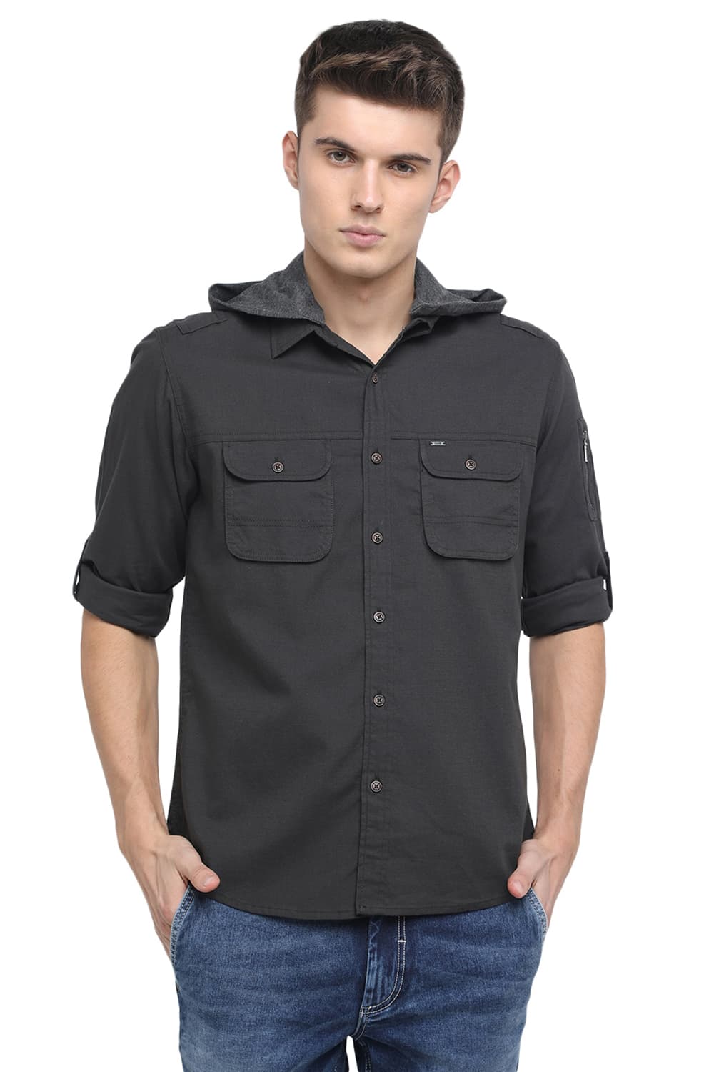 BASICS SLIM FIT HOODED TWILL SHIRT