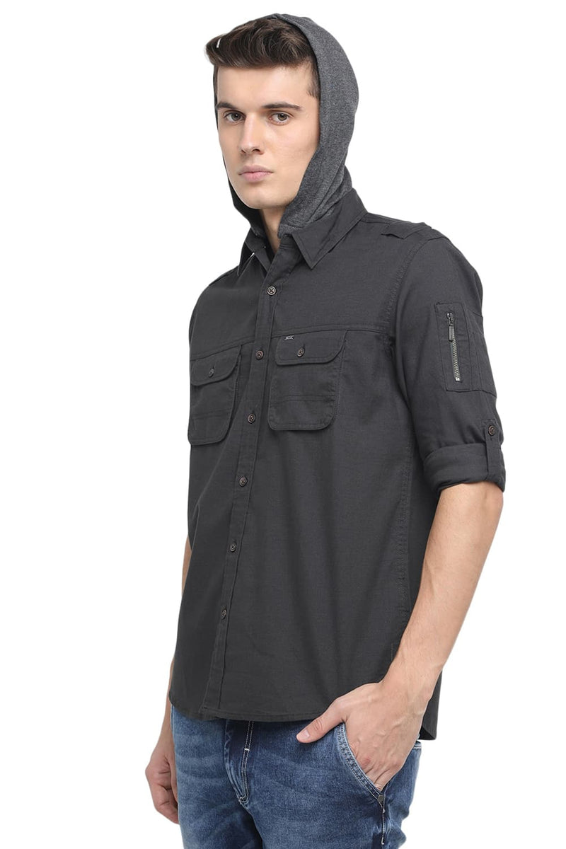 BASICS SLIM FIT HOODED TWILL SHIRT