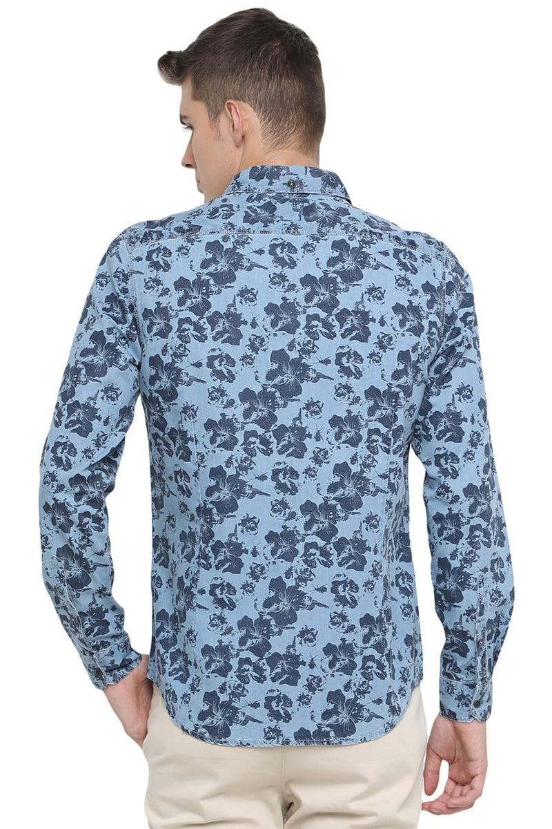 BASICS SLIM FIT PRINTED INDIGO SHIRT