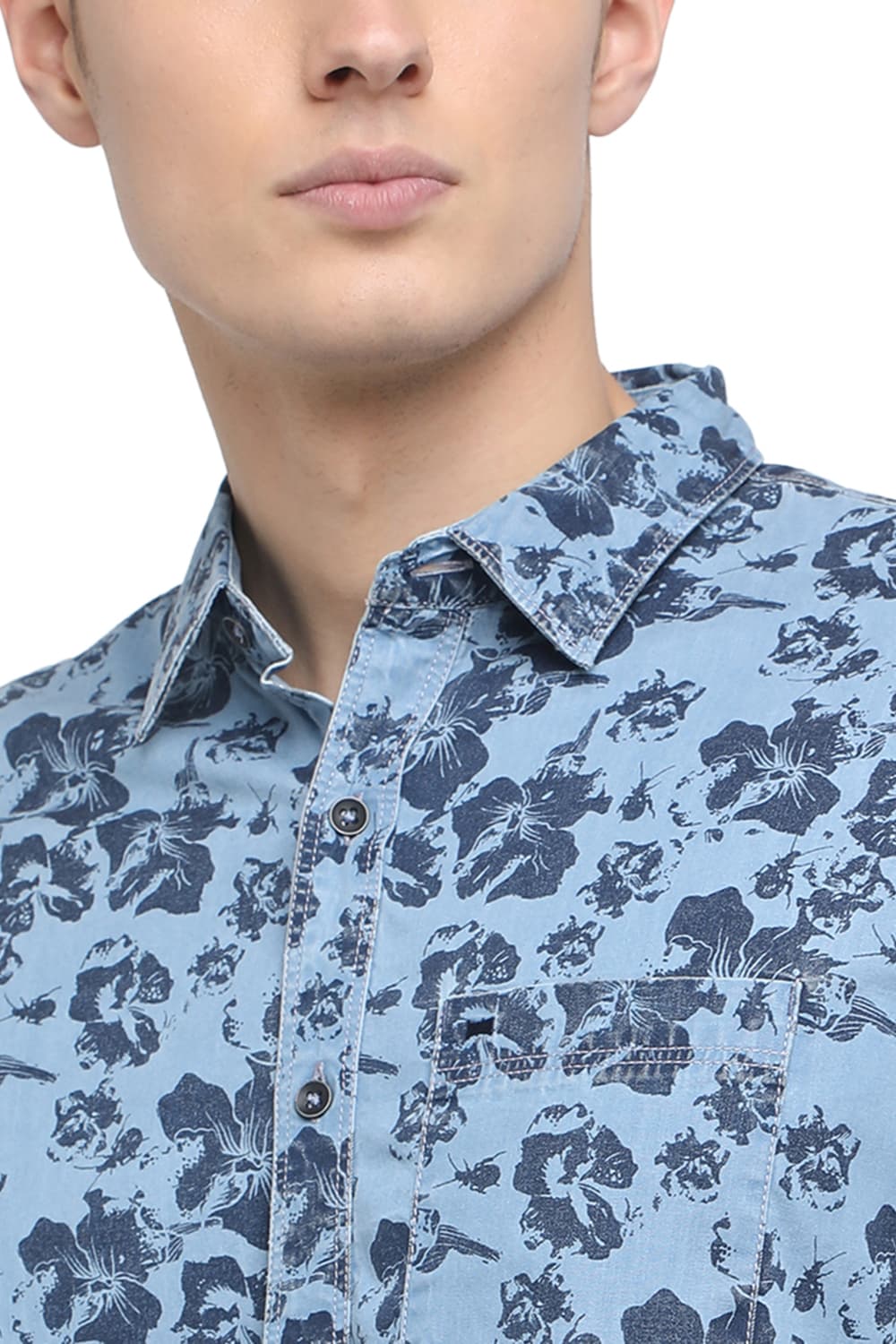 BASICS SLIM FIT PRINTED INDIGO SHIRT