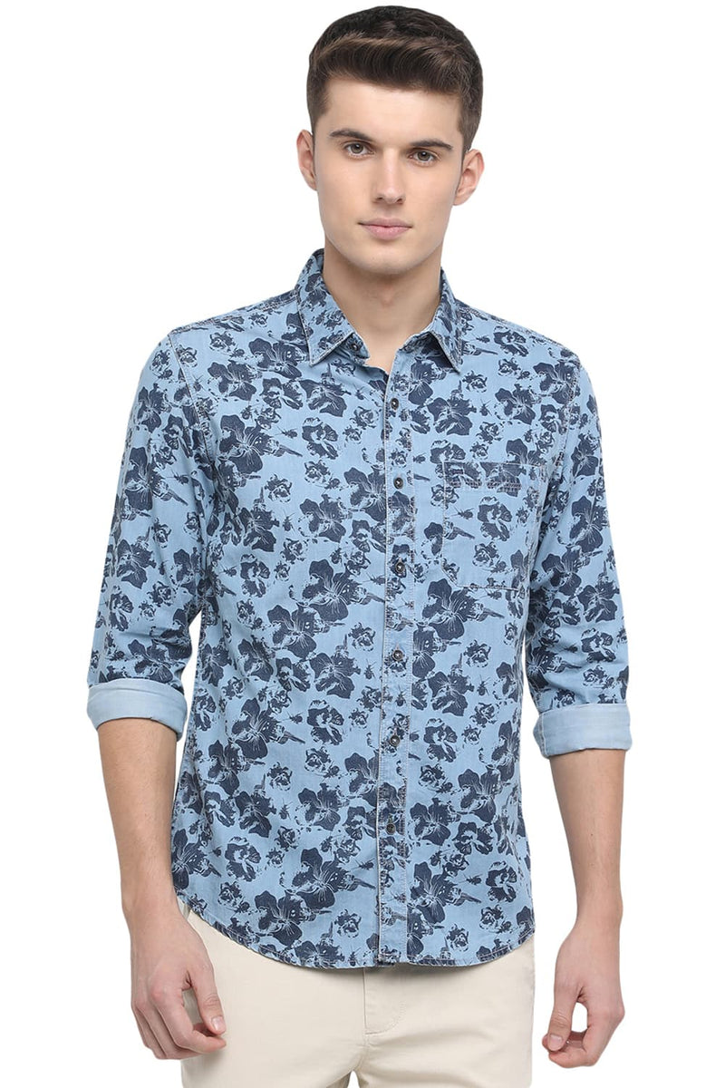 BASICS SLIM FIT PRINTED INDIGO SHIRT