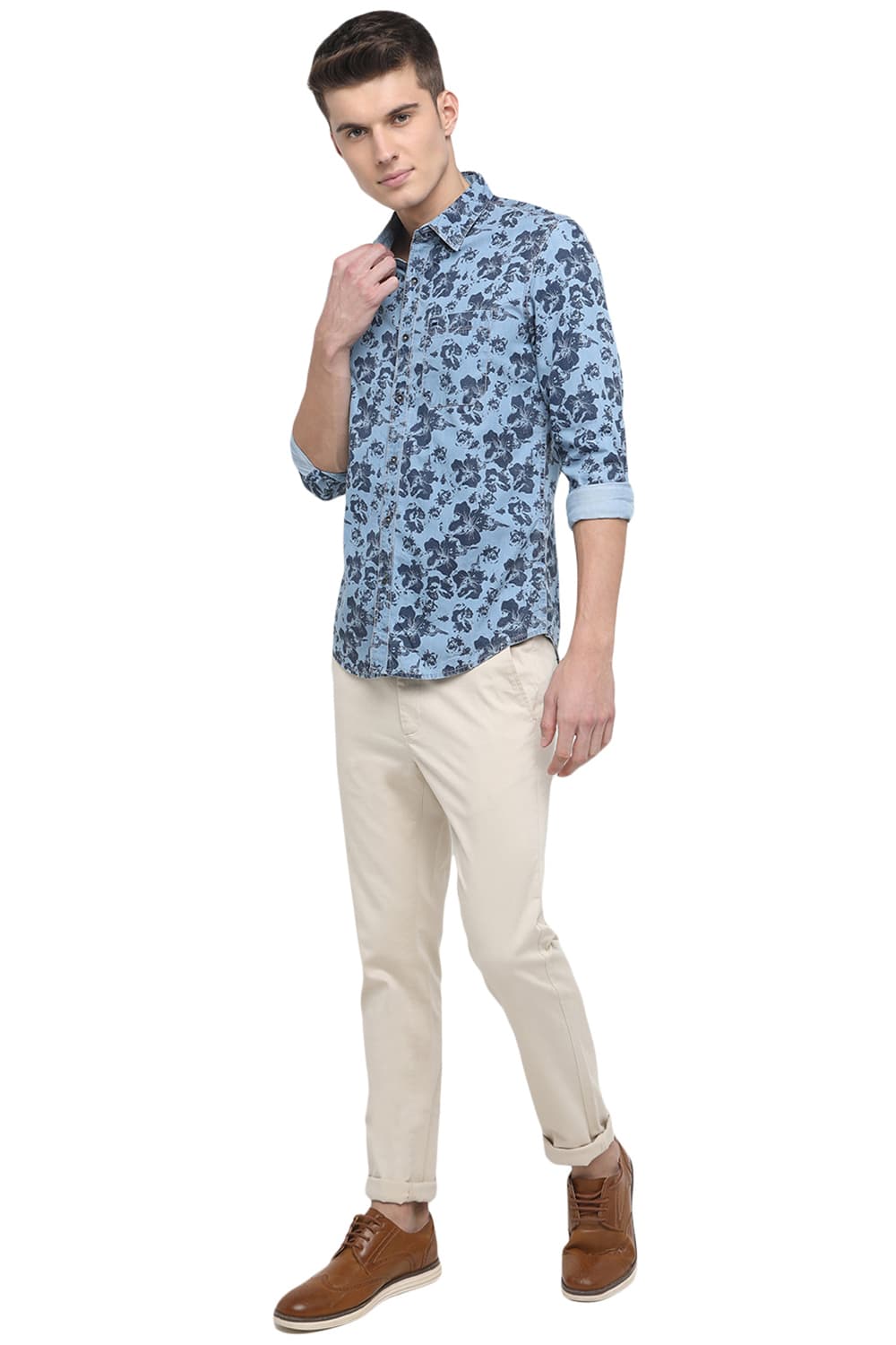 BASICS SLIM FIT PRINTED INDIGO SHIRT