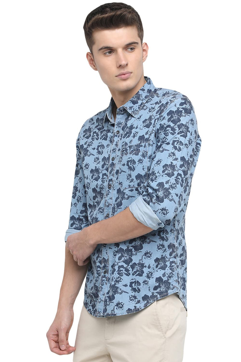 BASICS SLIM FIT PRINTED INDIGO SHIRT