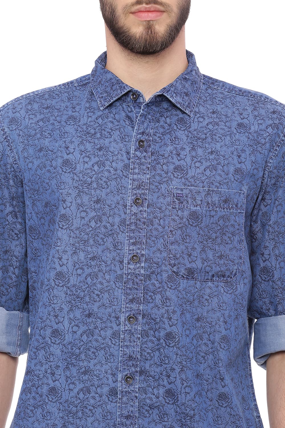 BASICS SLIM FIT INDIGO PRINTED SHIRT