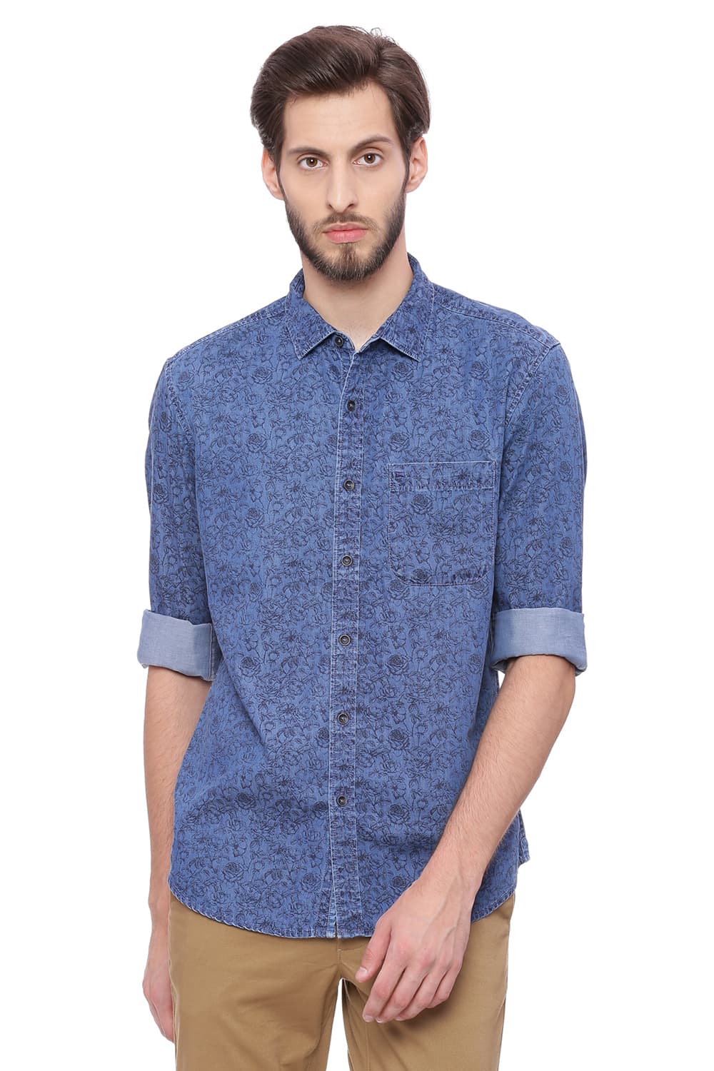 BASICS SLIM FIT INDIGO PRINTED SHIRT