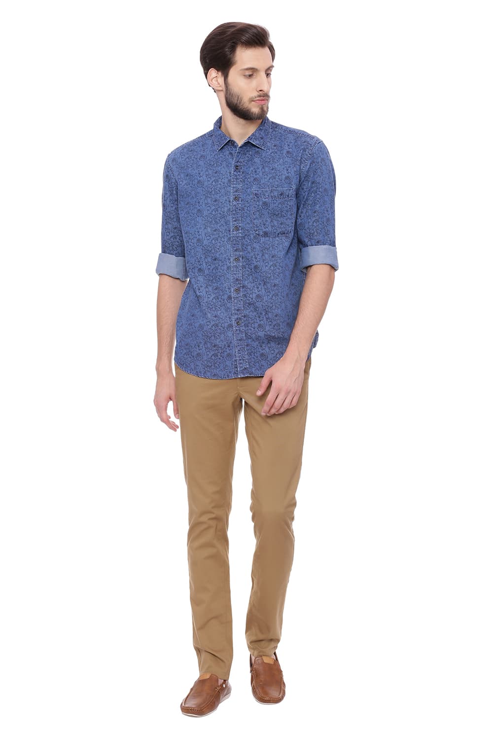 BASICS SLIM FIT INDIGO PRINTED SHIRT