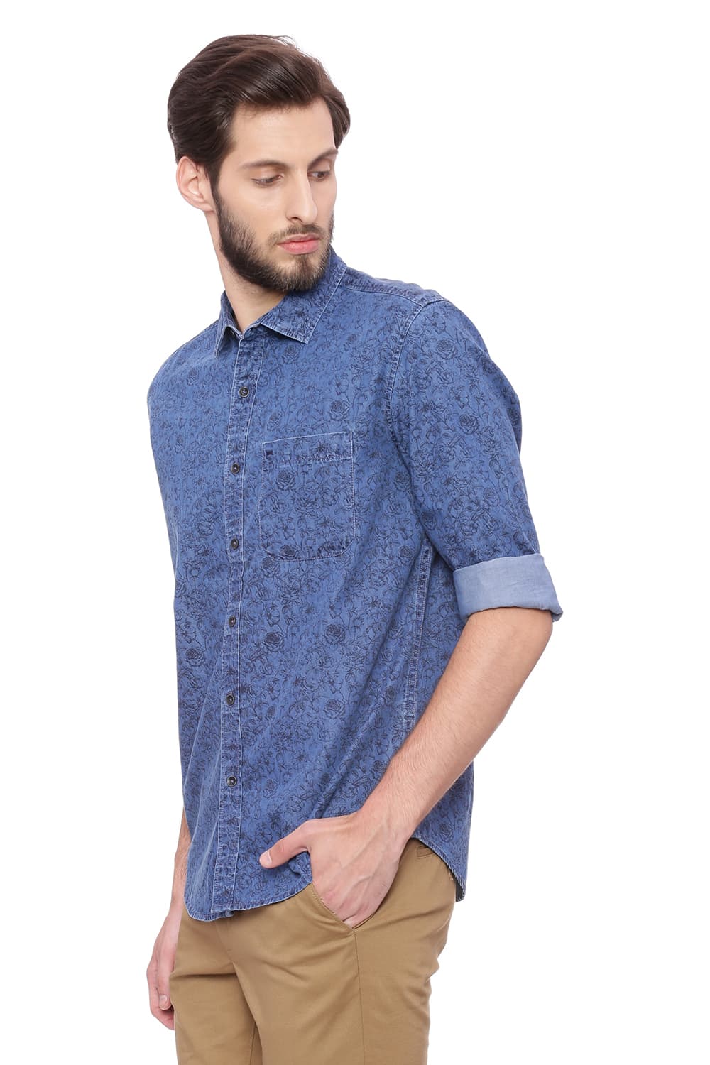 BASICS SLIM FIT INDIGO PRINTED SHIRT