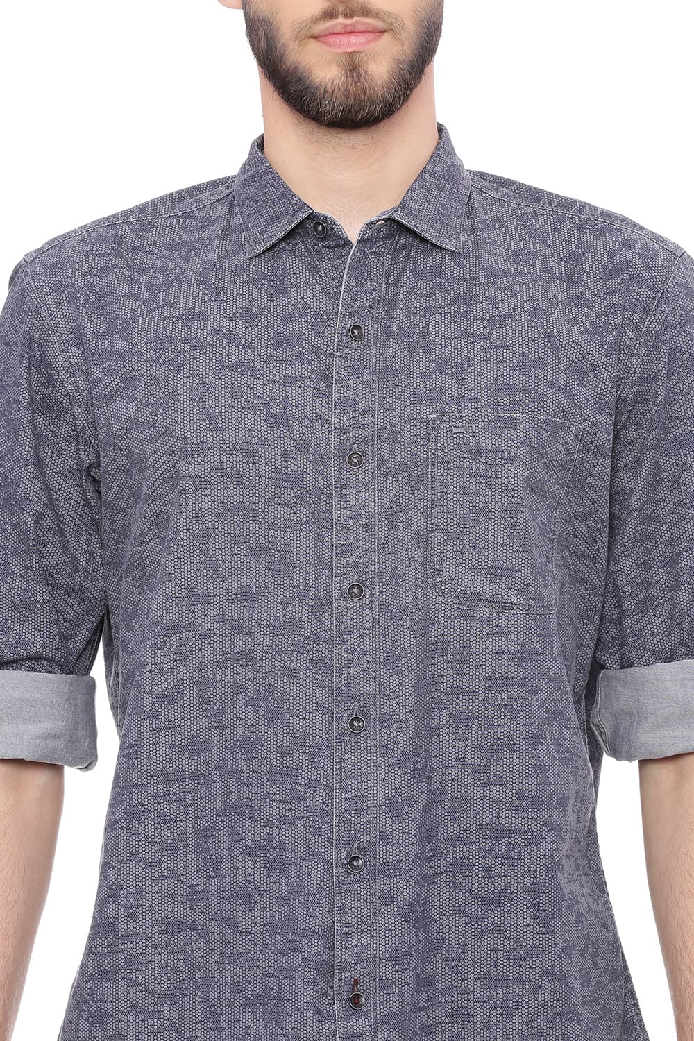 BASICS SLIM FIT PRINTED INDIGO SHIRT