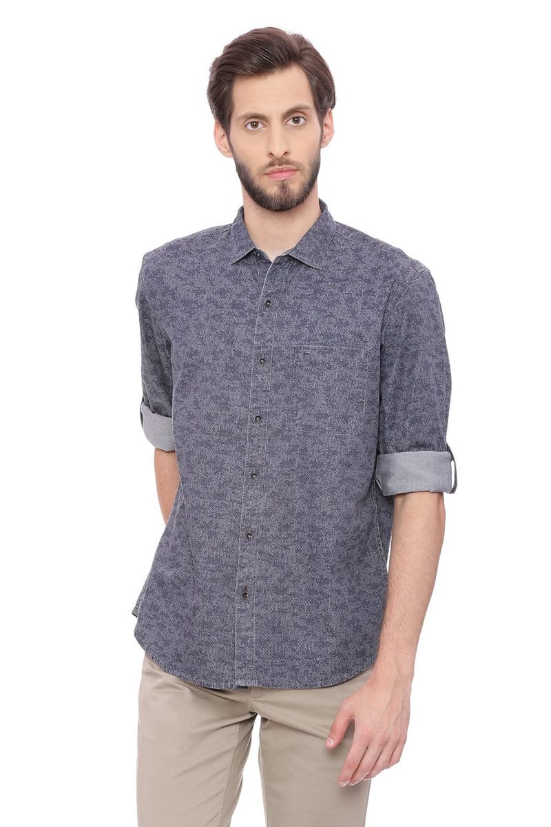 BASICS SLIM FIT PRINTED INDIGO SHIRT