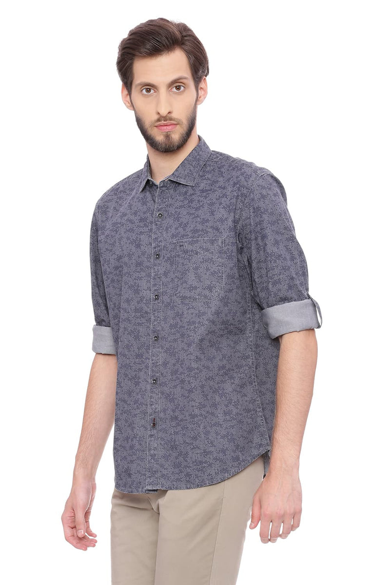 BASICS SLIM FIT PRINTED INDIGO SHIRT