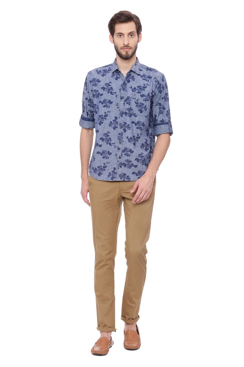 BASICS SLIM FIT PRINTED INDIGO SHIRT