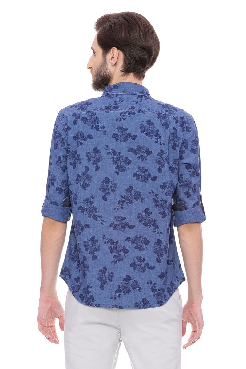 BASICS SLIM FIT PRINTED INDIGO SHIRT