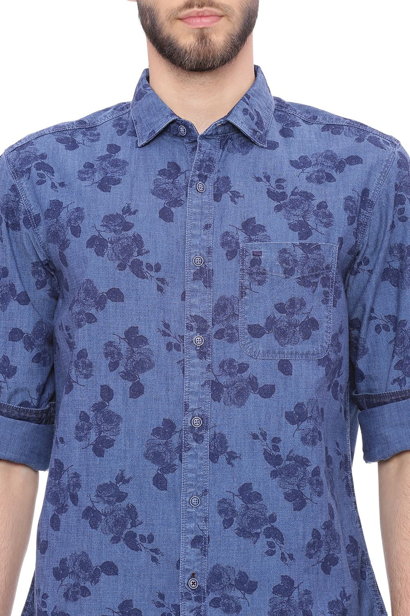 BASICS SLIM FIT PRINTED INDIGO SHIRT