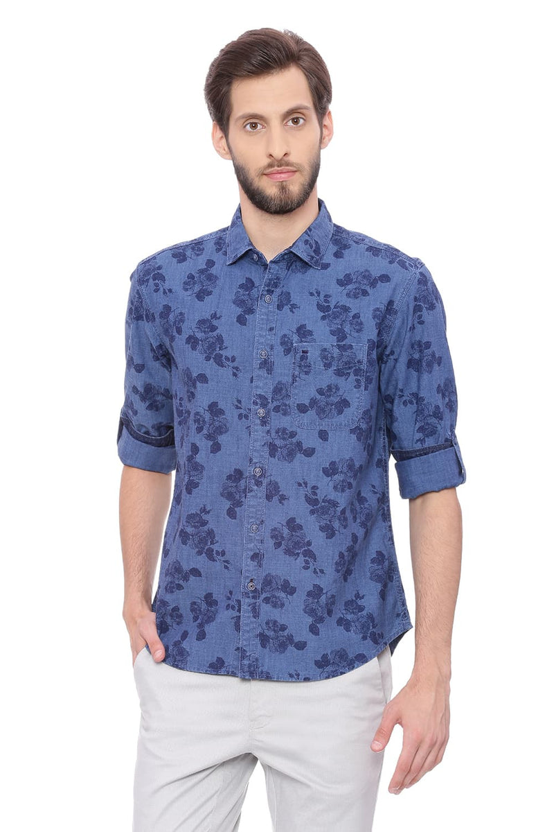 BASICS SLIM FIT PRINTED INDIGO SHIRT