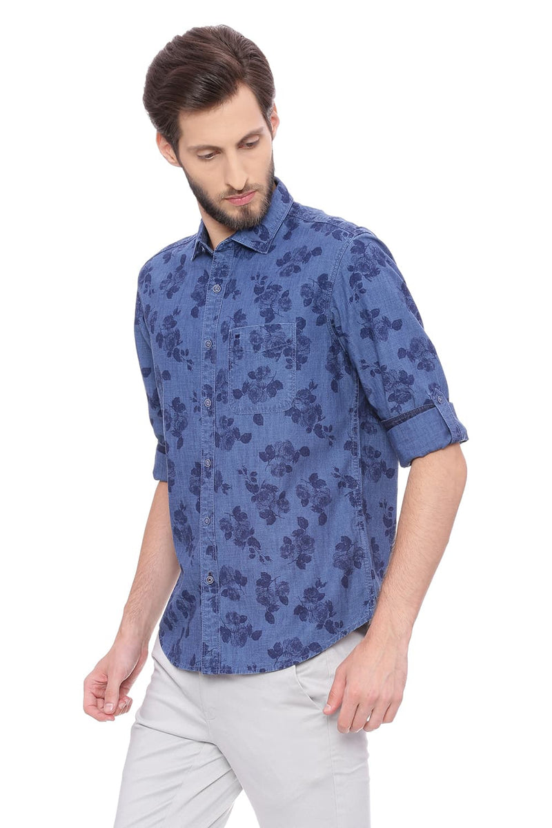 BASICS SLIM FIT PRINTED INDIGO SHIRT