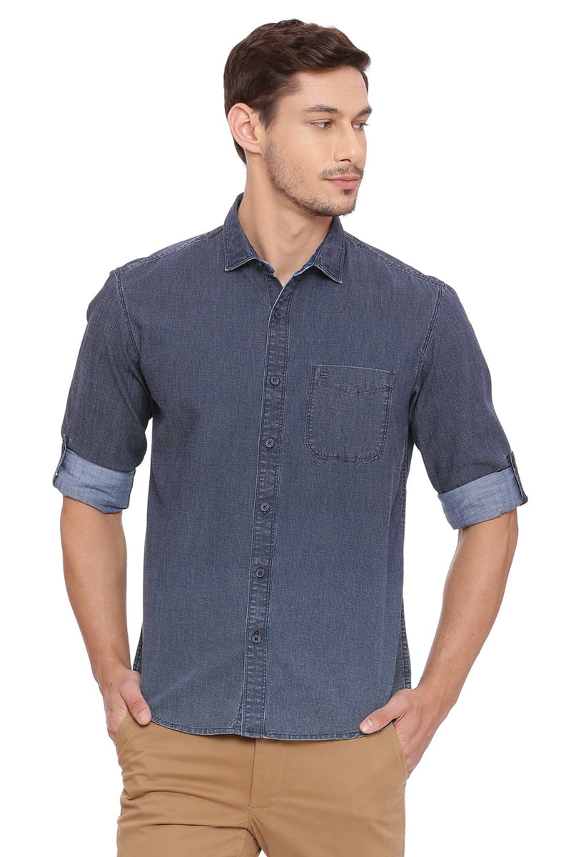 BASICS SLIM FIT PRINTED INDIGO SHIRT