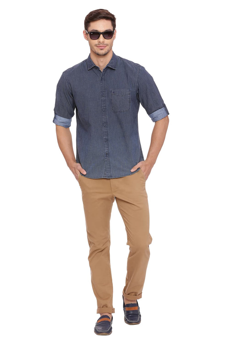 BASICS SLIM FIT PRINTED INDIGO SHIRT