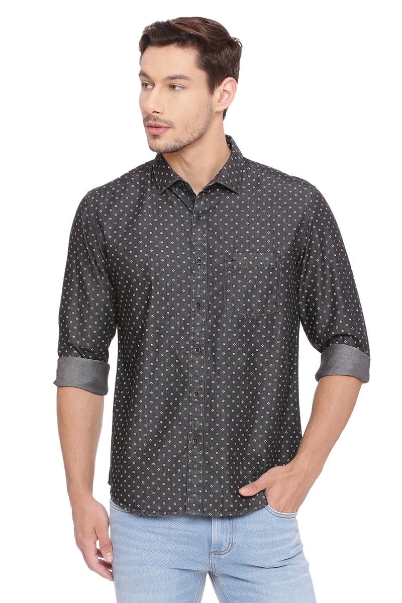 BASICS SLIM FIT PRINTED INDIGO SHIRT