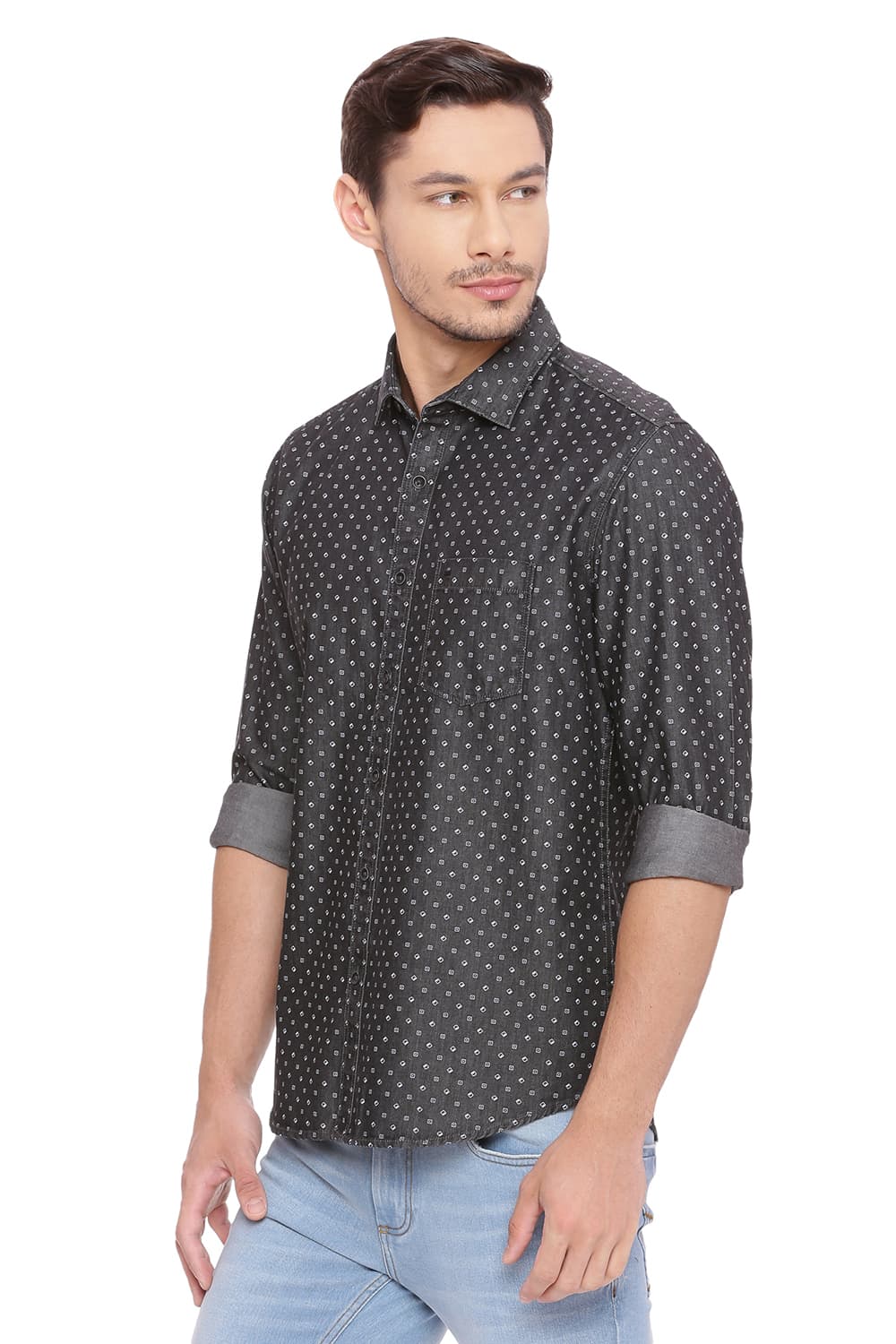 BASICS SLIM FIT PRINTED INDIGO SHIRT