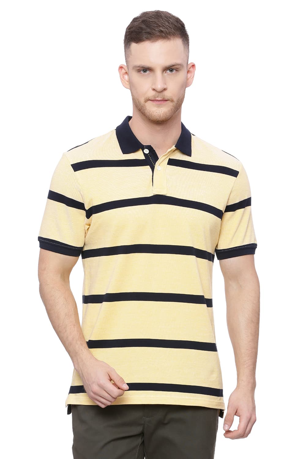 BASICS MUSCLE FIT STRIPED RUGBY POLO T SHIRT