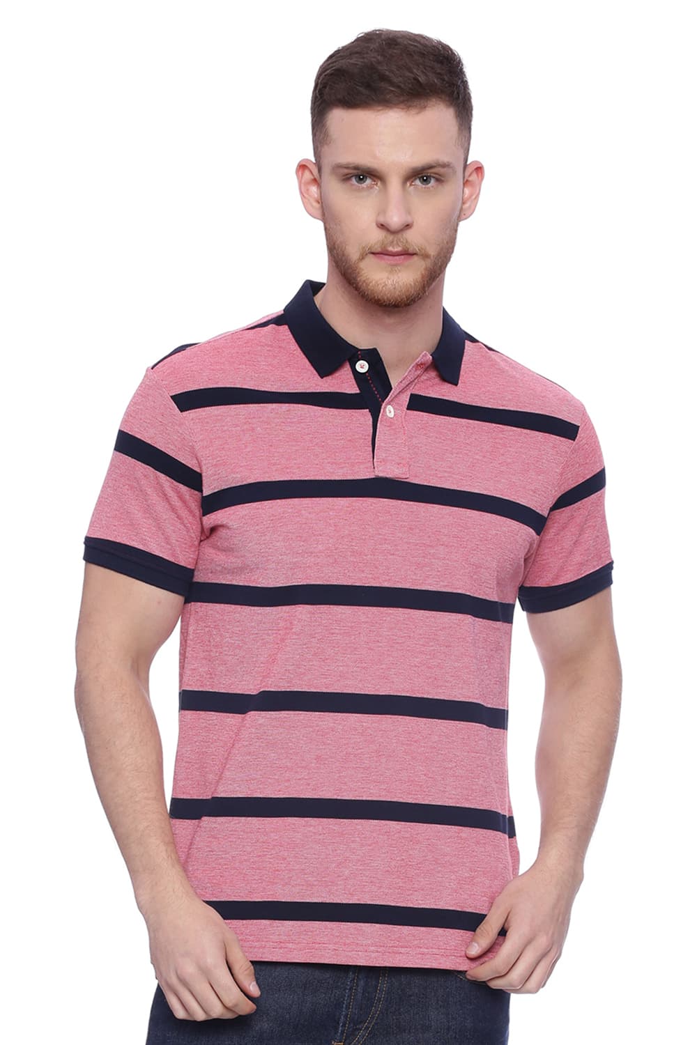 BASICS MUSCLE FIT STRIPED RUGBY POLO T SHIRT