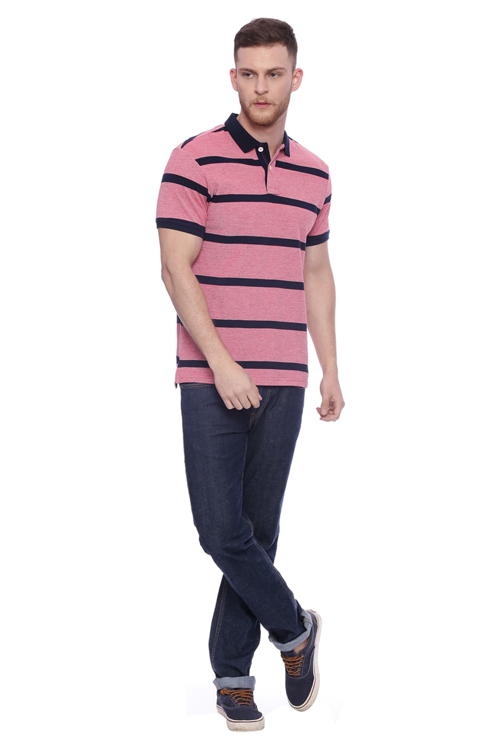 BASICS MUSCLE FIT STRIPED RUGBY POLO T SHIRT