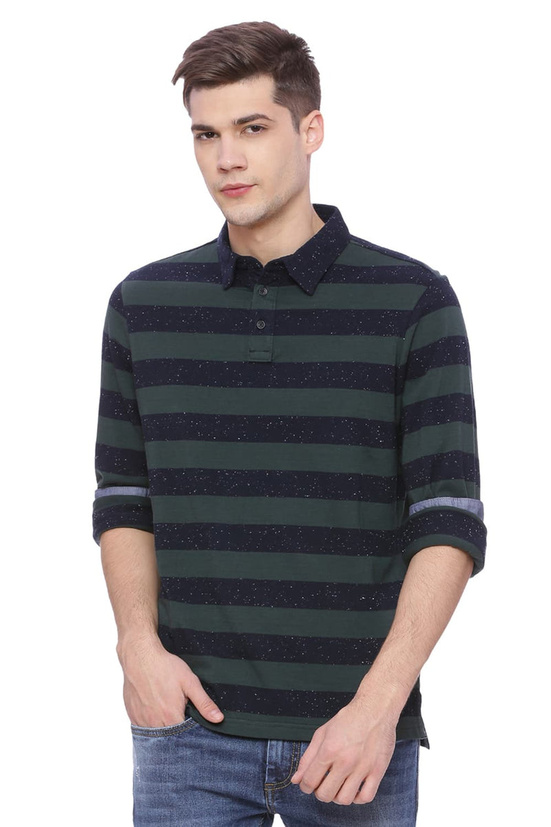 BASICS MUSCLE FIT STRIPED POLO T SHIRT