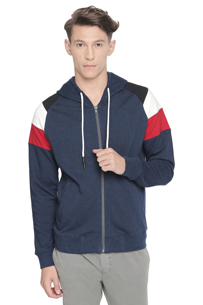 BASICS MUSCLE FIT COLOR BLOCK HOODED KNIT JACKET