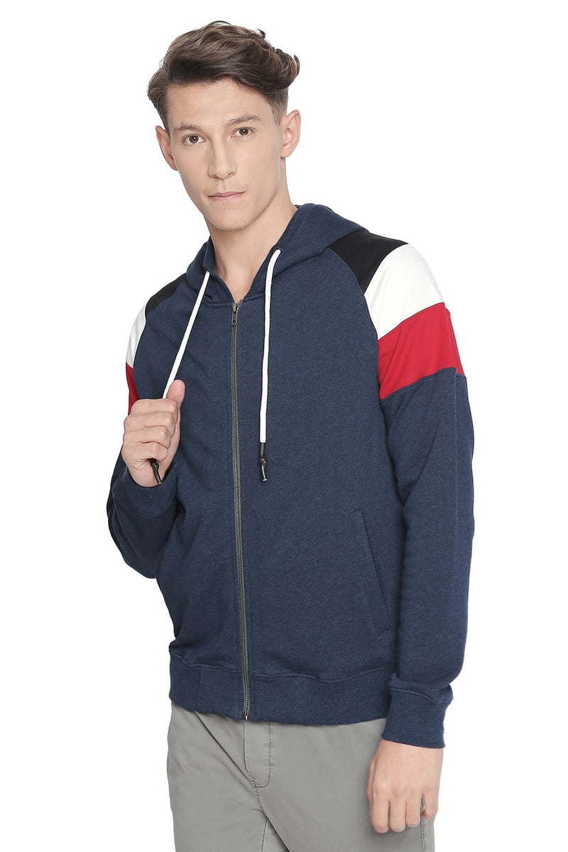 BASICS MUSCLE FIT COLOR BLOCK HOODED KNIT JACKET