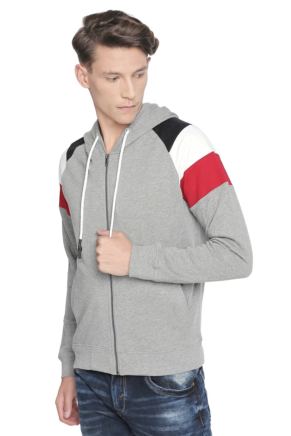 BASICS MUSCLE FIT COLOR BLOCK HOODED KNIT JACKET