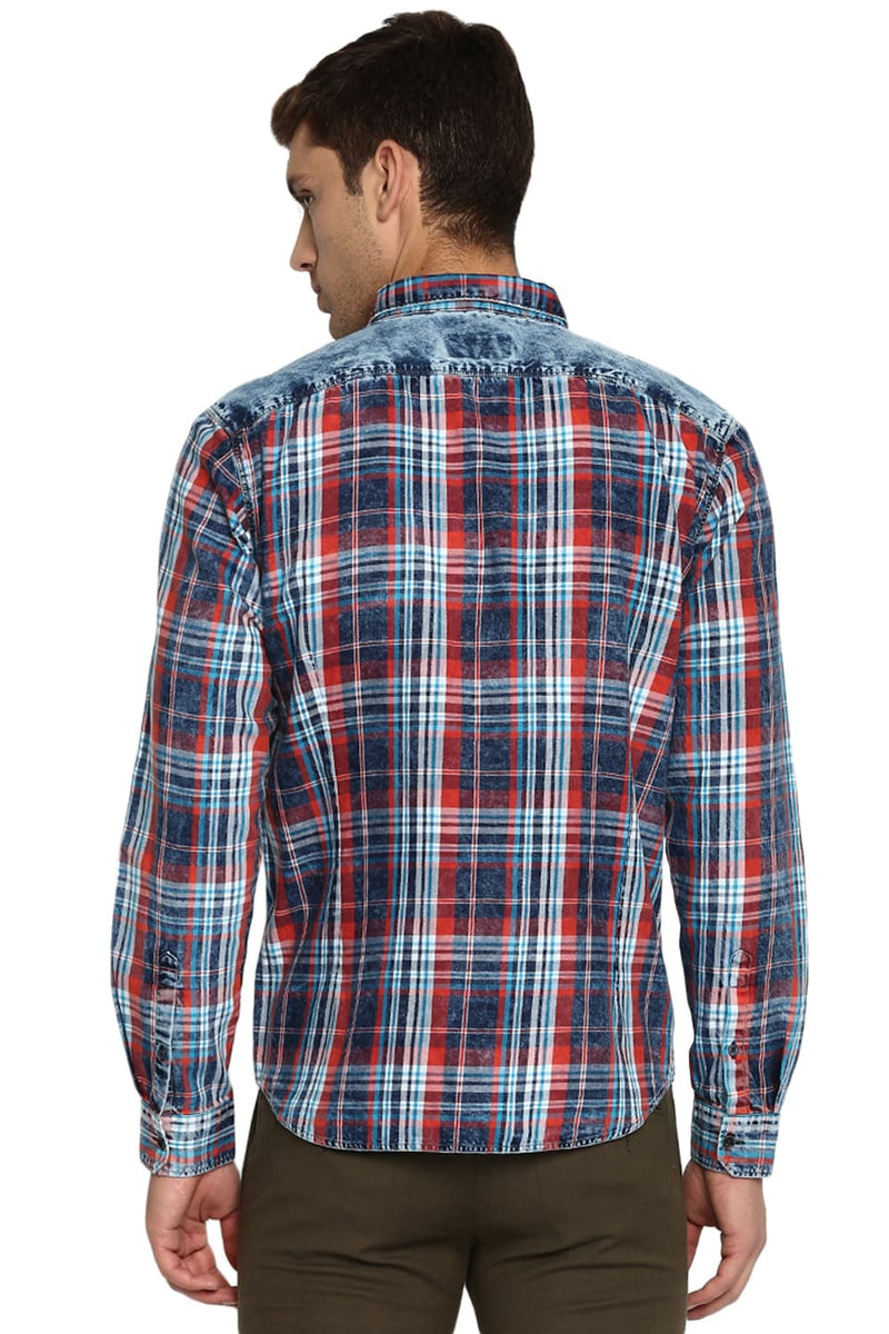 BASICS SLIM FIT INDIGO CHECKS SHIRT