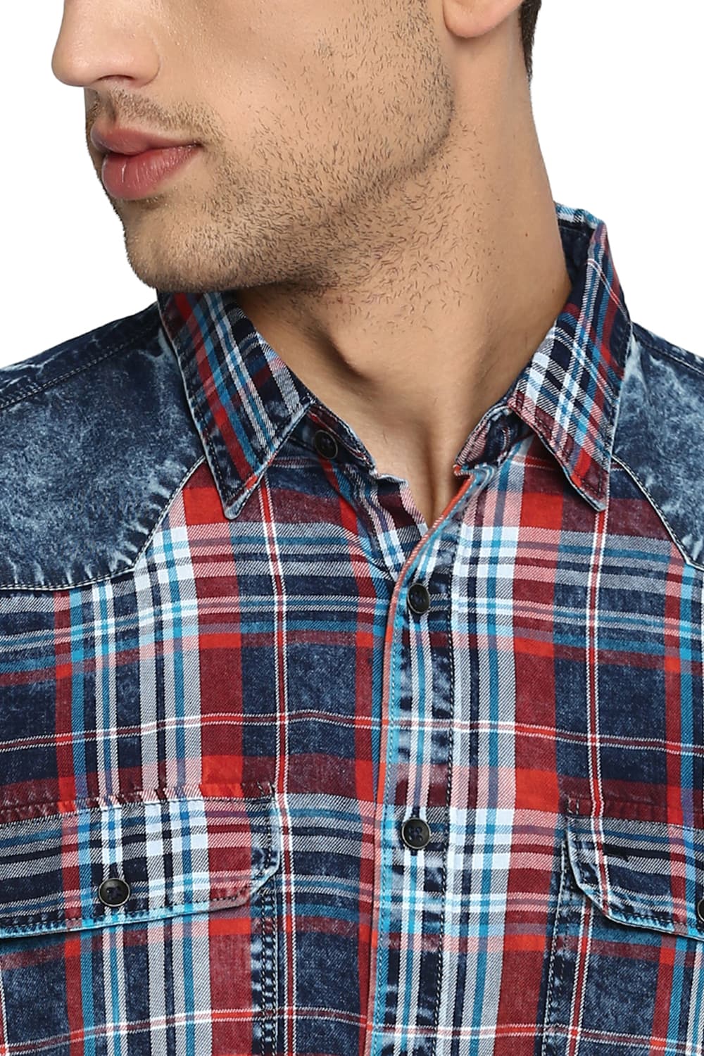 BASICS SLIM FIT INDIGO CHECKS SHIRT