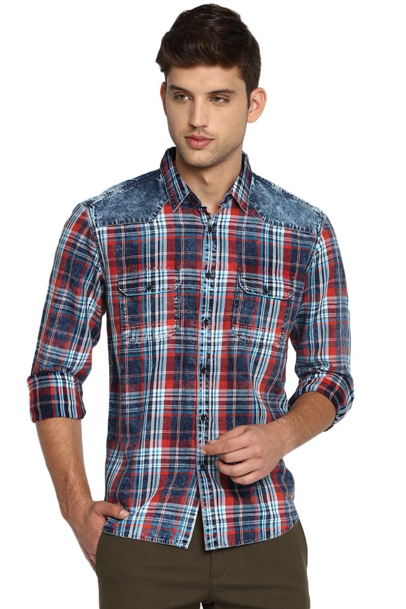 BASICS SLIM FIT INDIGO CHECKS SHIRT