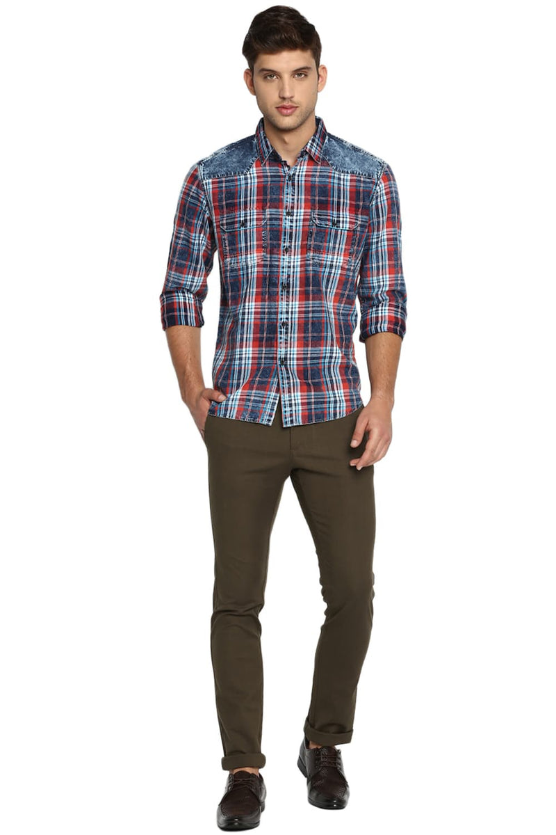 BASICS SLIM FIT INDIGO CHECKS SHIRT