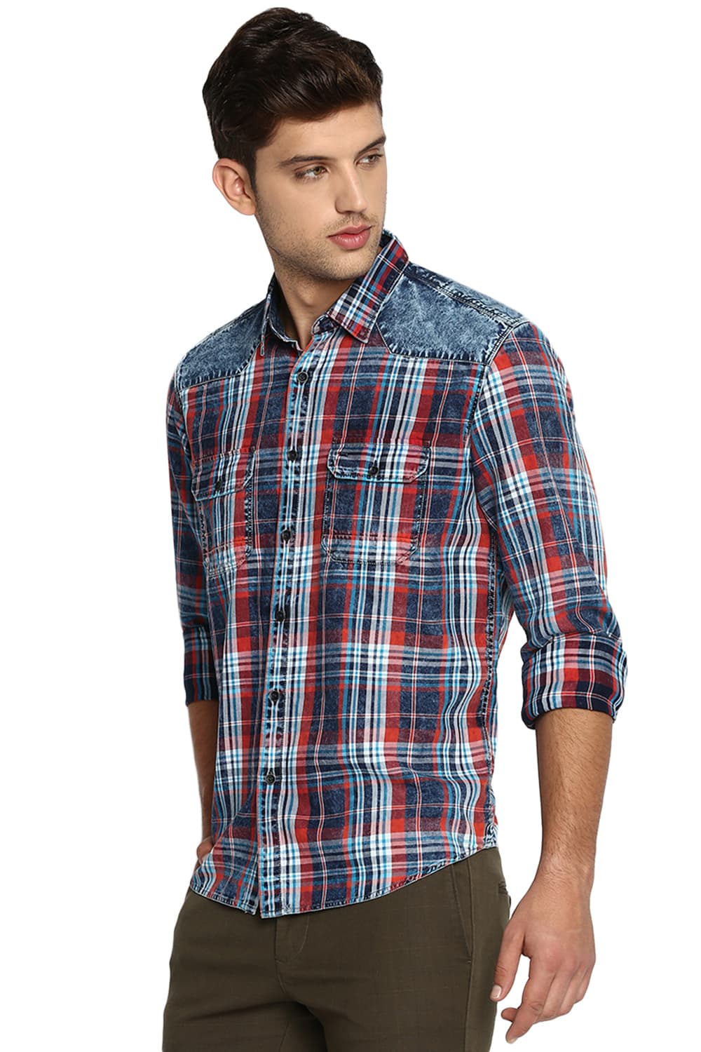 BASICS SLIM FIT INDIGO CHECKS SHIRT