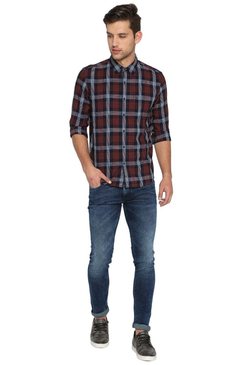 BASICS SLIM FIT INDIGO CHECKS SHIRT