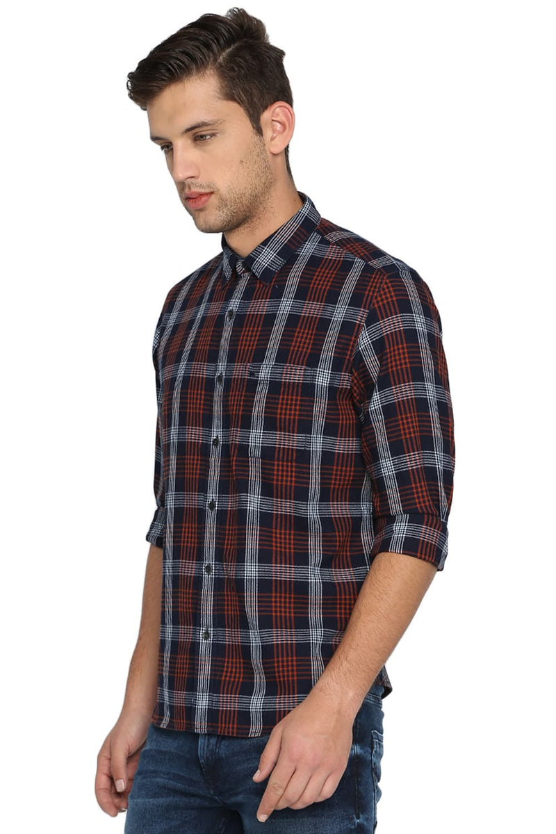 BASICS SLIM FIT INDIGO CHECKS SHIRT