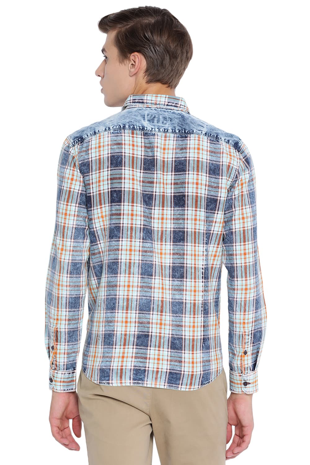 BASICS SLIM FIT INDIGO CHECKS SHIRT