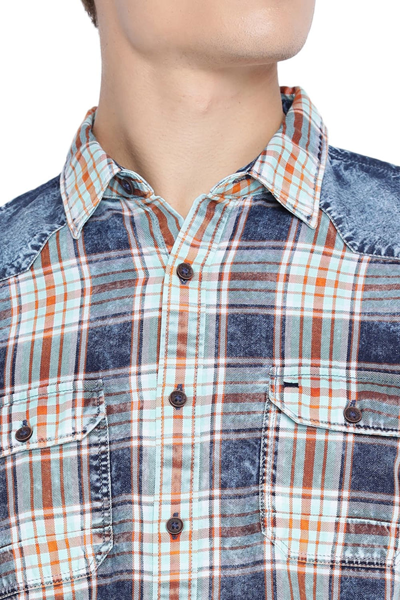 BASICS SLIM FIT INDIGO CHECKS SHIRT