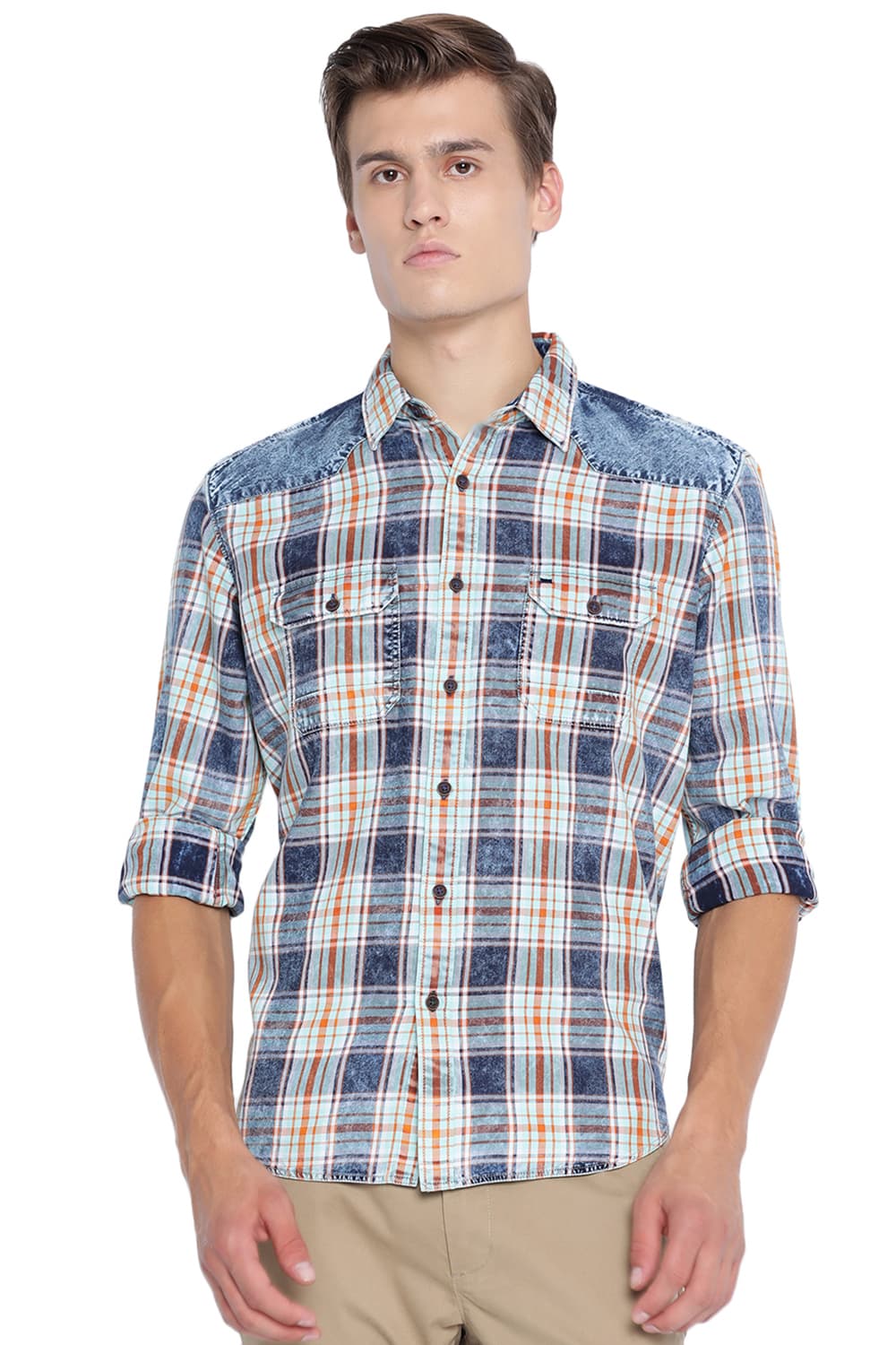 BASICS SLIM FIT INDIGO CHECKS SHIRT