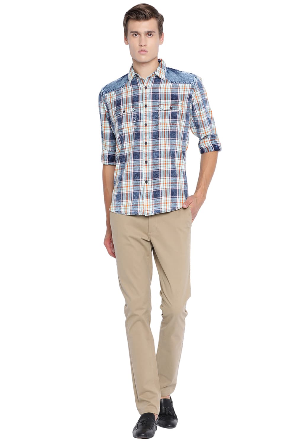 BASICS SLIM FIT INDIGO CHECKS SHIRT